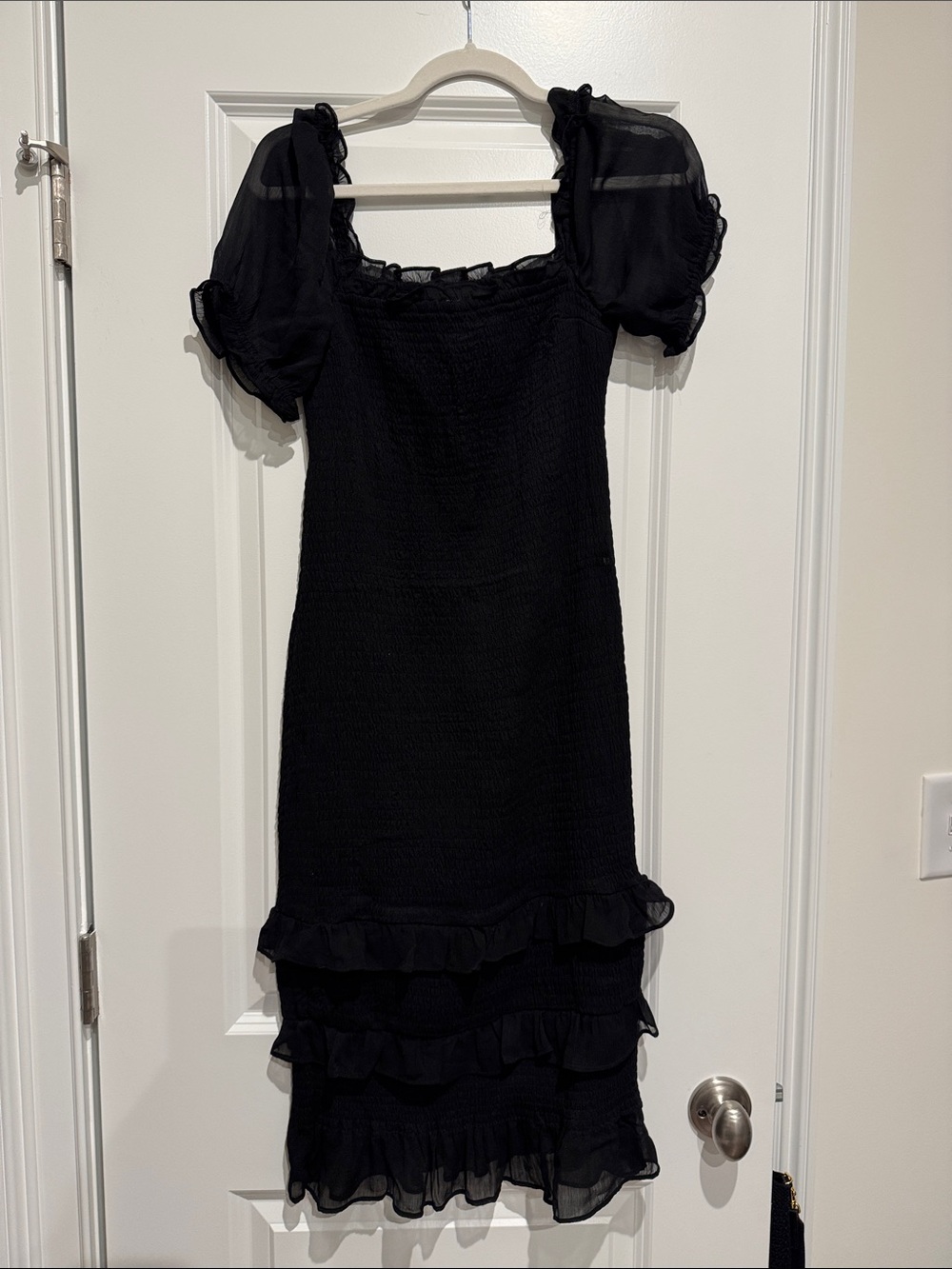 Abercrombie & Fitch Black Ruffled Midi Dress with Puff Sleeves
